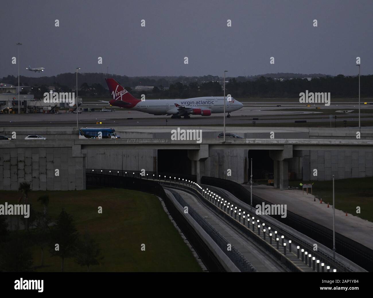 A Virgin Atlantic 747 taxiing at Orlando International Airport. Stock Photo