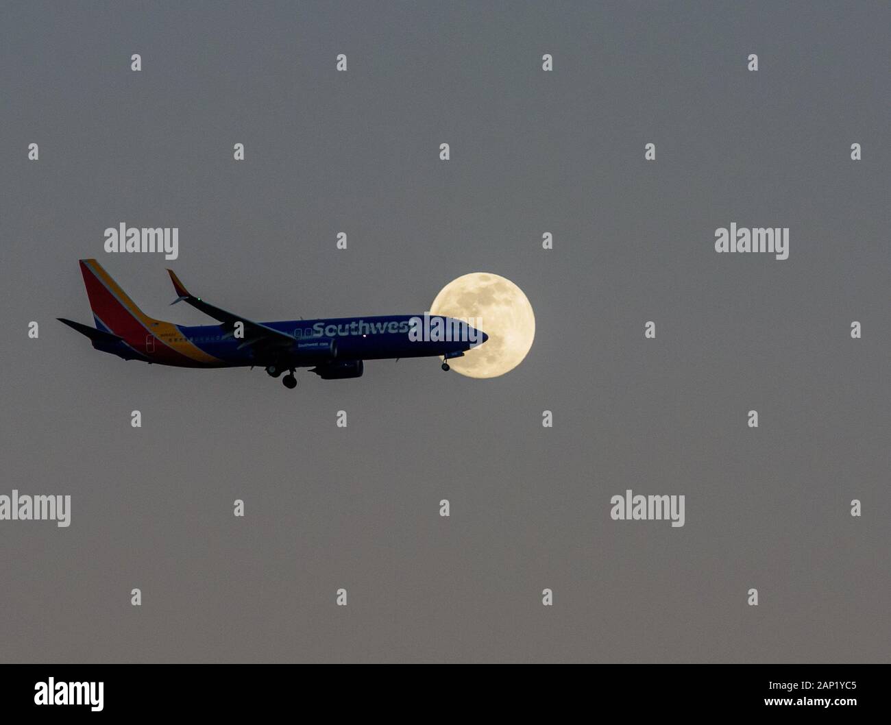 A Southwest Airlines airplane lands underneath a full moon near Orlando International Airport or MCO. Stock Photo