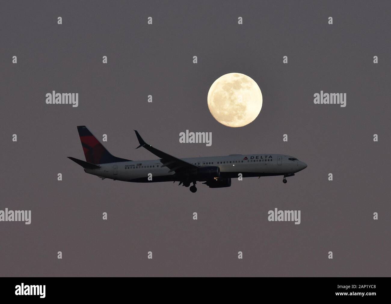 A Delta Airlines Boeing 737-900ER airplane lands underneath a full moon near Orlando International Airport or MCO. Stock Photo