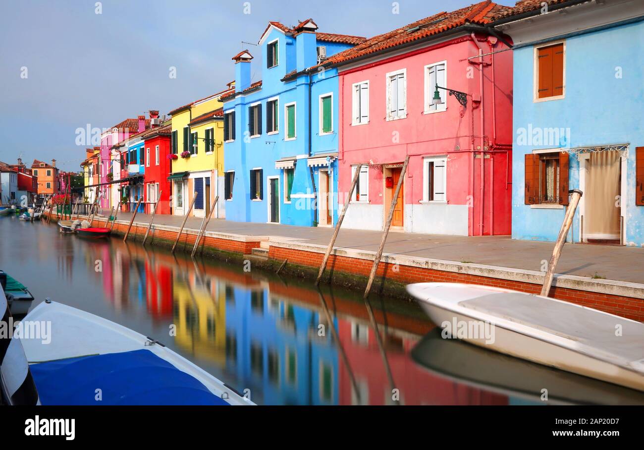houses in the Burano Isle near Venice in Italy with navigable canal ...