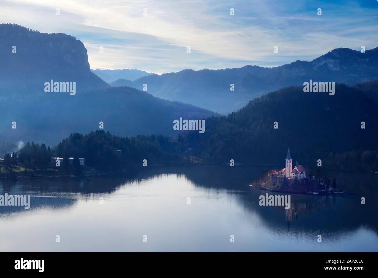 Slovenia. Aerial view over Lake Bled and the island with the pilgrimage church dedicated to the Assumption of Mary (Cerkev Marijinega vnebovzetja) Stock Photo