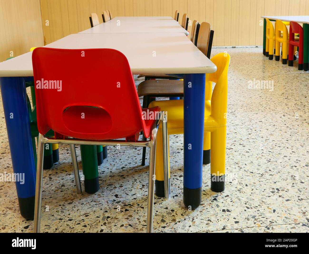 child-friendly dining room with small chairs and small tables Stock Photo