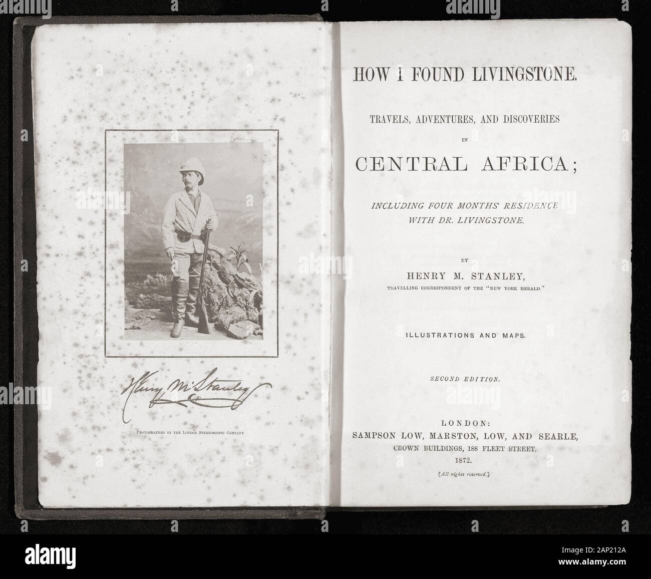 How I Found Livingstone.  Travels, Adventures and Discoveries in Central Africa; Including Four Months Residence with Dr. Livingstone by Henry M. Stanley.  Title page of second edition of Stanley’s popular and successful book published 1872. Stock Photo