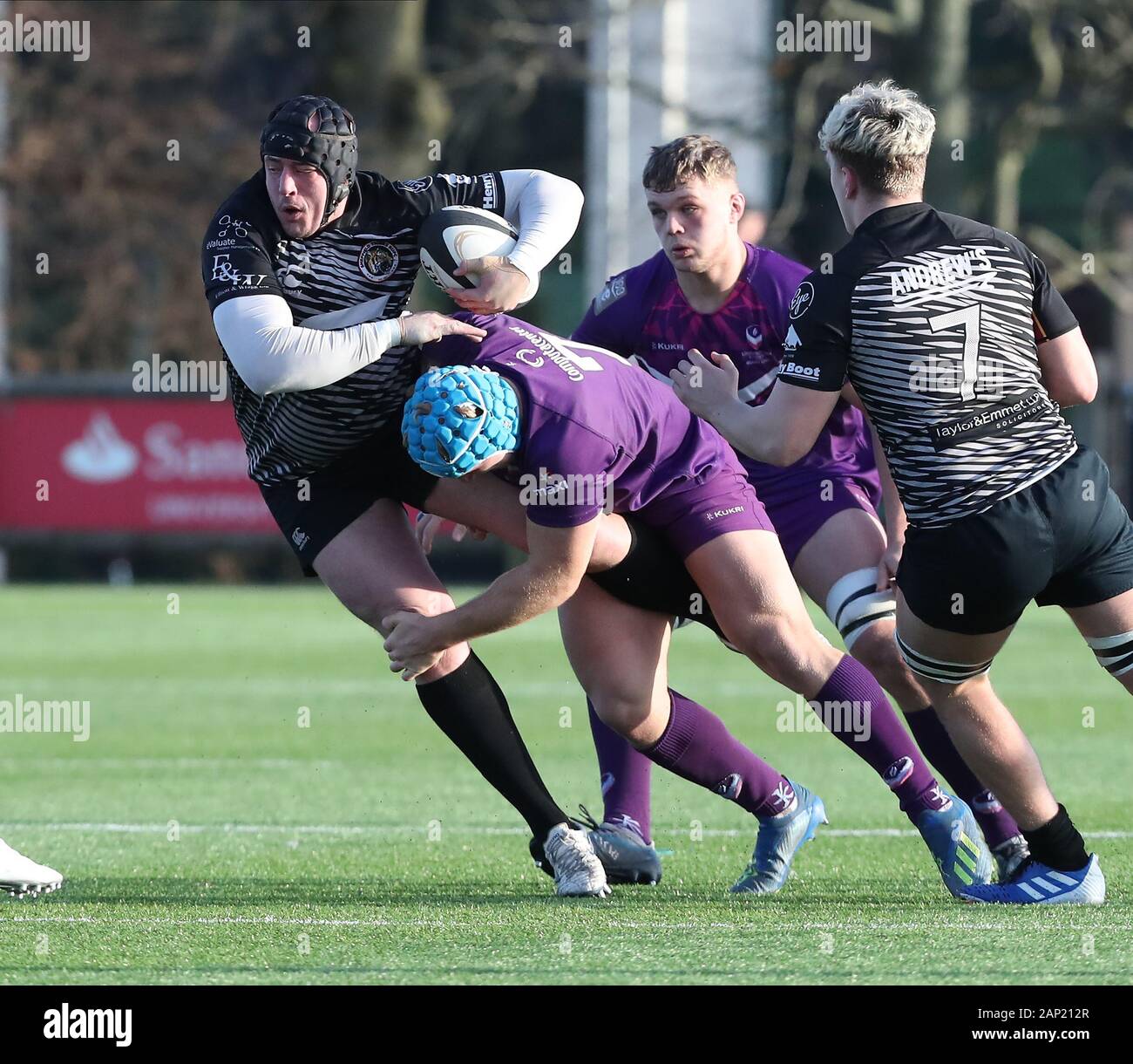 18.01.2020. Loughborough, England.   Luke Crofts of Sheffield Tigers is tackled by Austin Wallis of Loughborough Students during the RFU National 2 North rugby union fixture between Loughborough Students and Sheffield Tigers RFC.  Phil Hutchinson/Alamy Live News Stock Photo