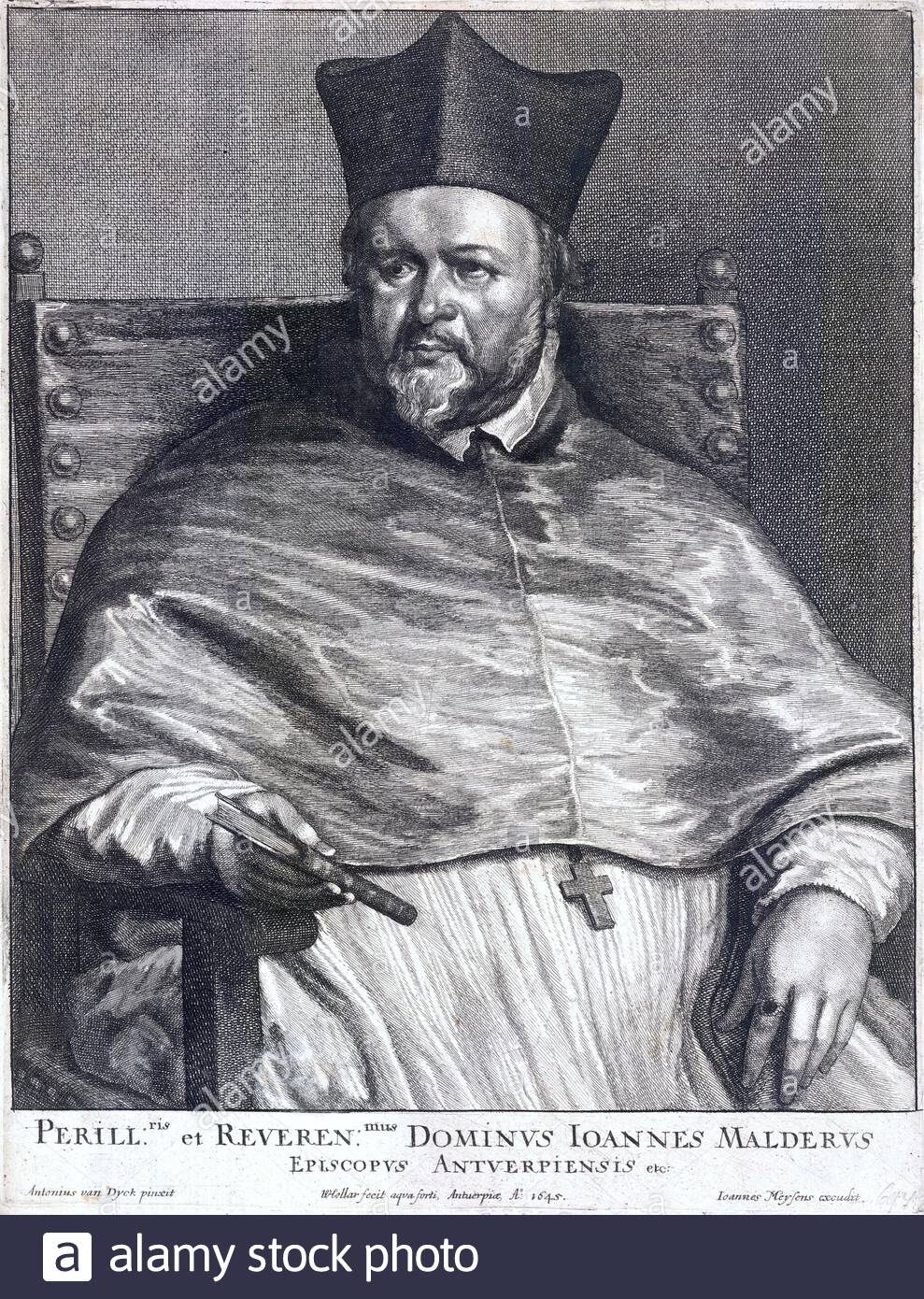 Johannes Malderus, 1563 – 1633, was the fifth bishop of Antwerp and the founder of Malderus College at the University of Leuven, etching by Bohemian etcher Wenceslaus Hollar from 1600s Stock Photo