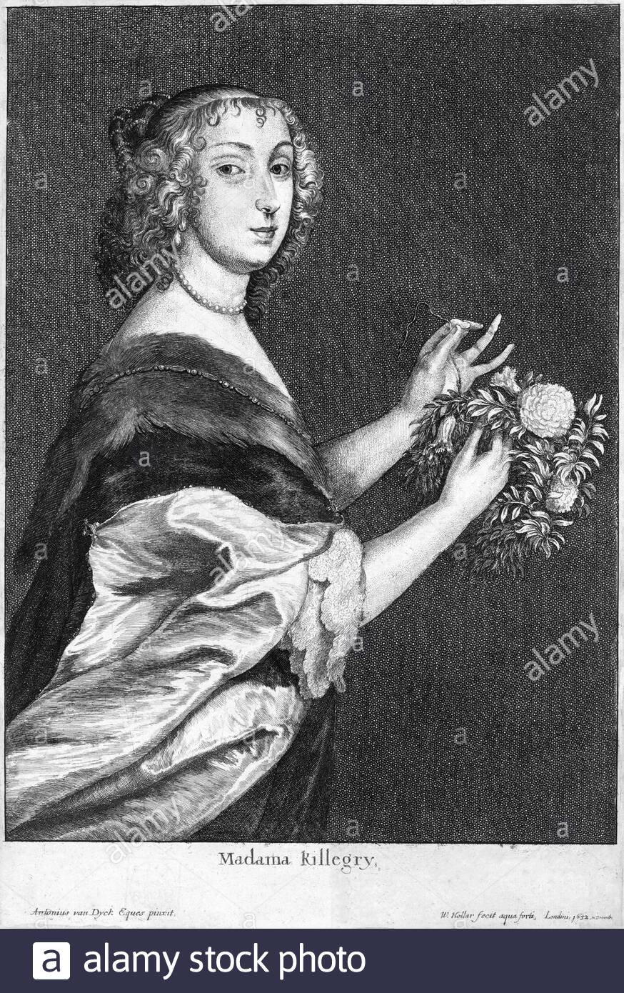 Cecilia Killigrew, d1685, courtier and maid of honour to Henrietta Maria, and subject of poems, etching by Bohemian etcher Wenceslaus Hollar from 1600s. From a portrait by Anthony van Dyck. Stock Photo