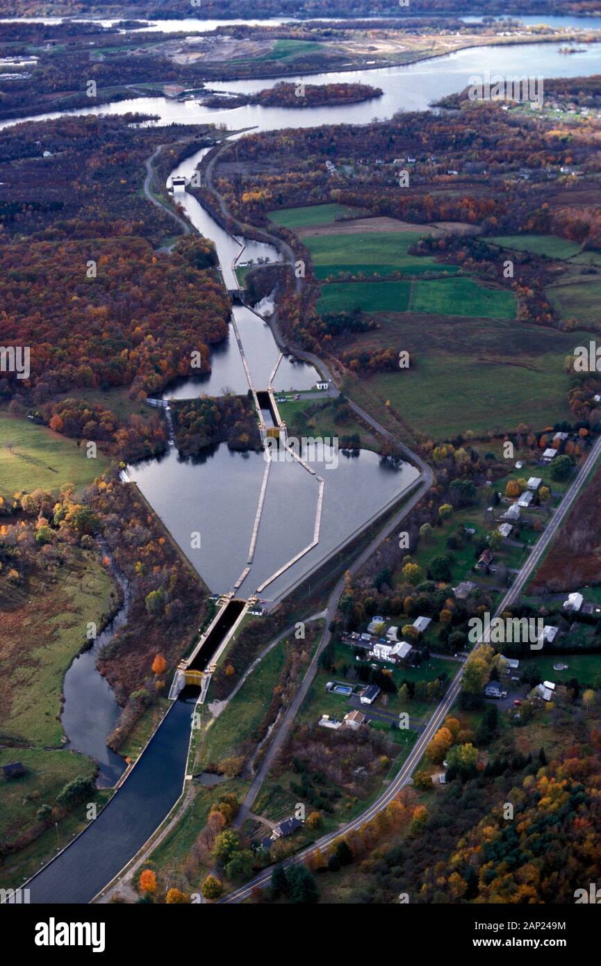An aerial view of The Flight of Locks is the first five (Lock E2-Lock E6) locks along the Erie Canal. This sequence of locks is the largest lift in t Stock Photo