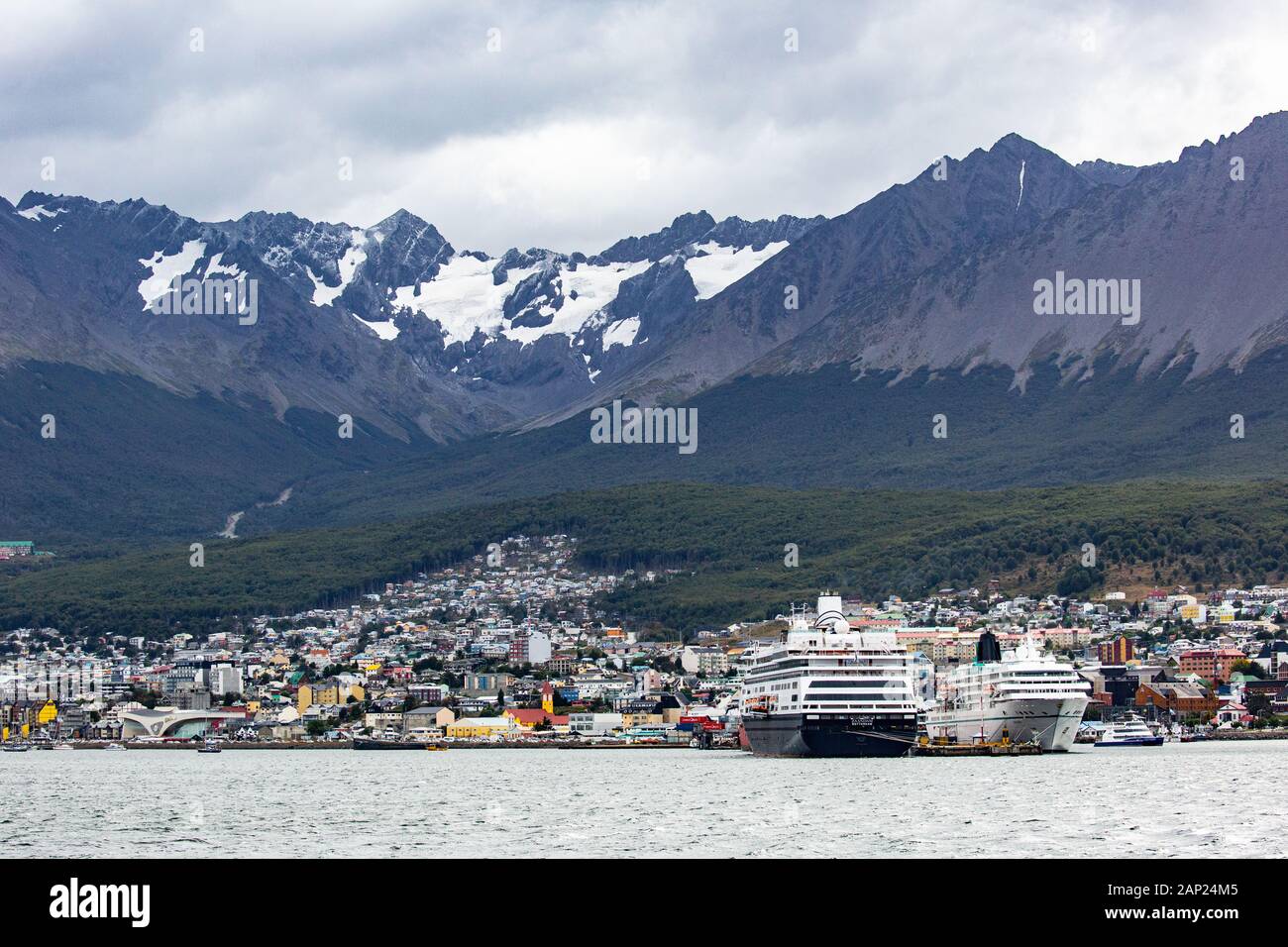 view of a cruise ship in the port of Ushuaia the capital of Tierra del Fuego, Antartida e Islas del Atlantico Sur Province, Argentina. Stock Photo