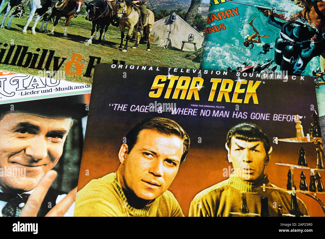 Viersen, Germany - 3. January 2020: Close up of old movie soundtrack vinyl record album covers with focus on Star Trek Stock Photo