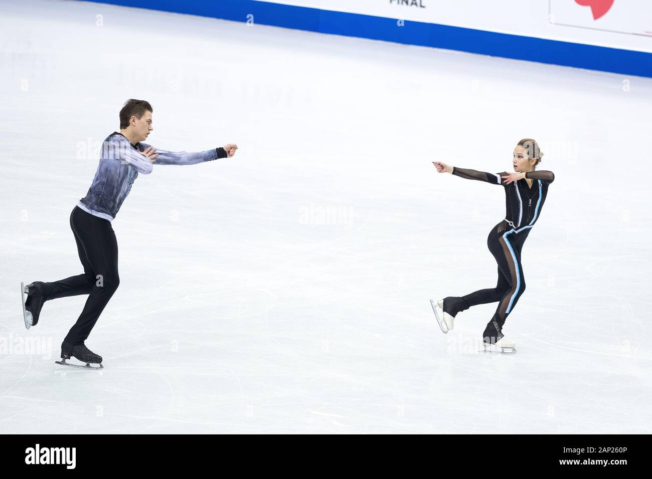 Daria Pavliuchenko and Denis Khodykin of Russia compete during senior pairs free skating at Palavela ice rink in Turin, Italy on December 6, 2019 Stock Photo