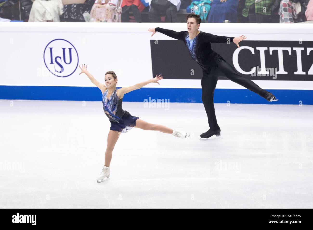 Daria Pavliuchenko and Denis Khodykin of Russia compete during senior pairs short program at Palavela ice rink in Turin, Italy on December 5, 2019 Stock Photo