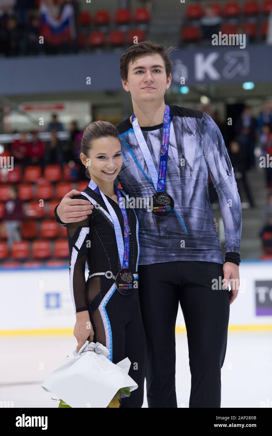 Daria Pavliuchenko and Denis Khodykin from Russia during victory ceremony on day 2 of the ISU Grand Prix of Figure Skating - Internationaux de France Stock Photo