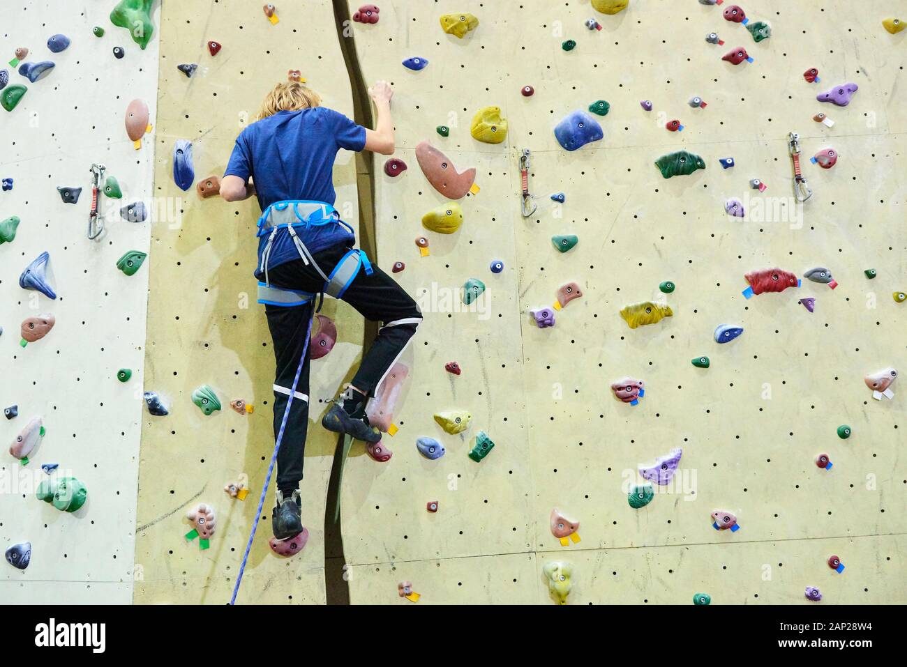 Free climber child young boy practicing on artificial boulders in gym, bouldering Stock Photo