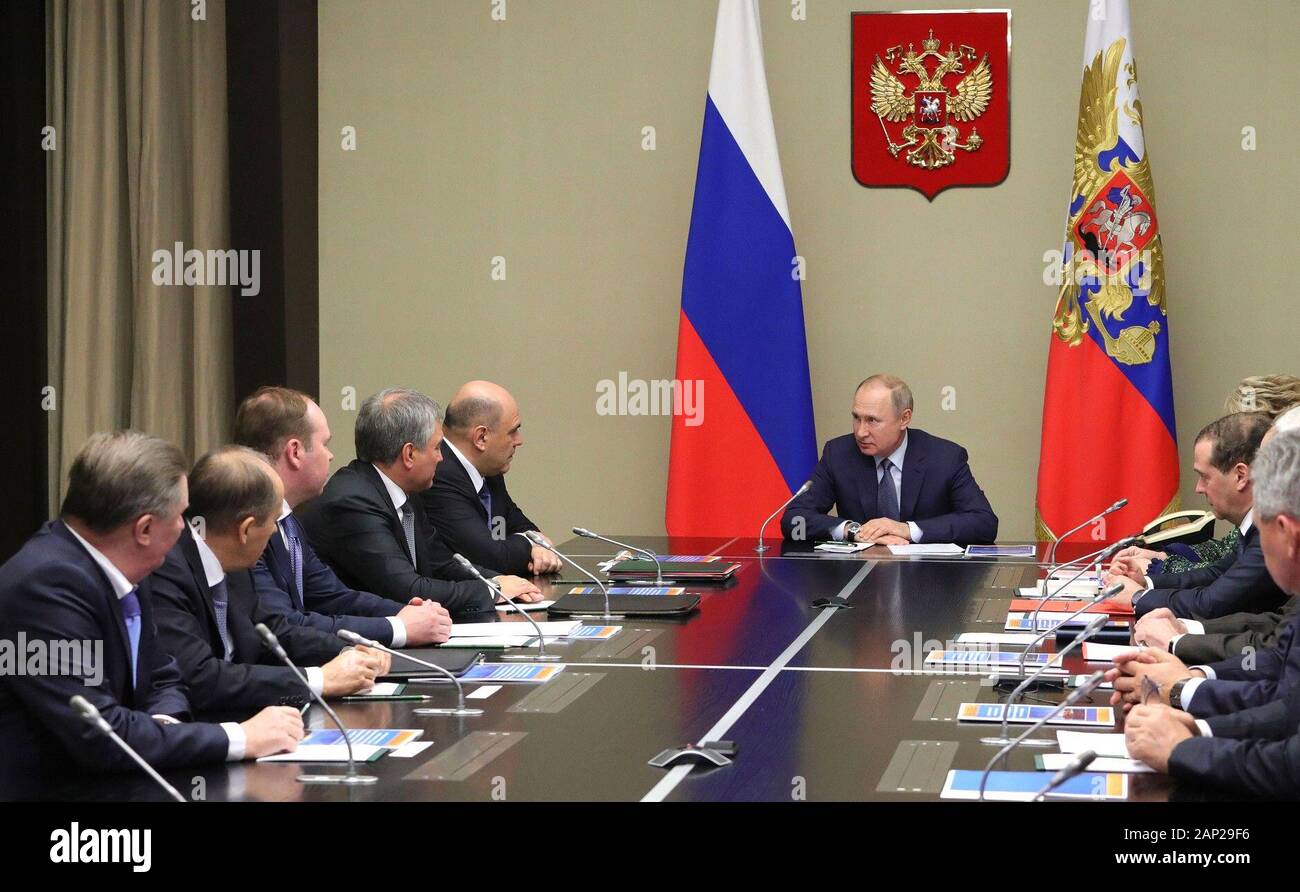 January 20, 2020. - Russia, Moscow Region, Novo-Ogaryovo. - Russia's President Vladimir Putin (center) and Russia's Prime Minister Mikhail Mishustin (5th left) during a meeting of the Russian Security Council at Novo-Ogaryovo residence. Stock Photo