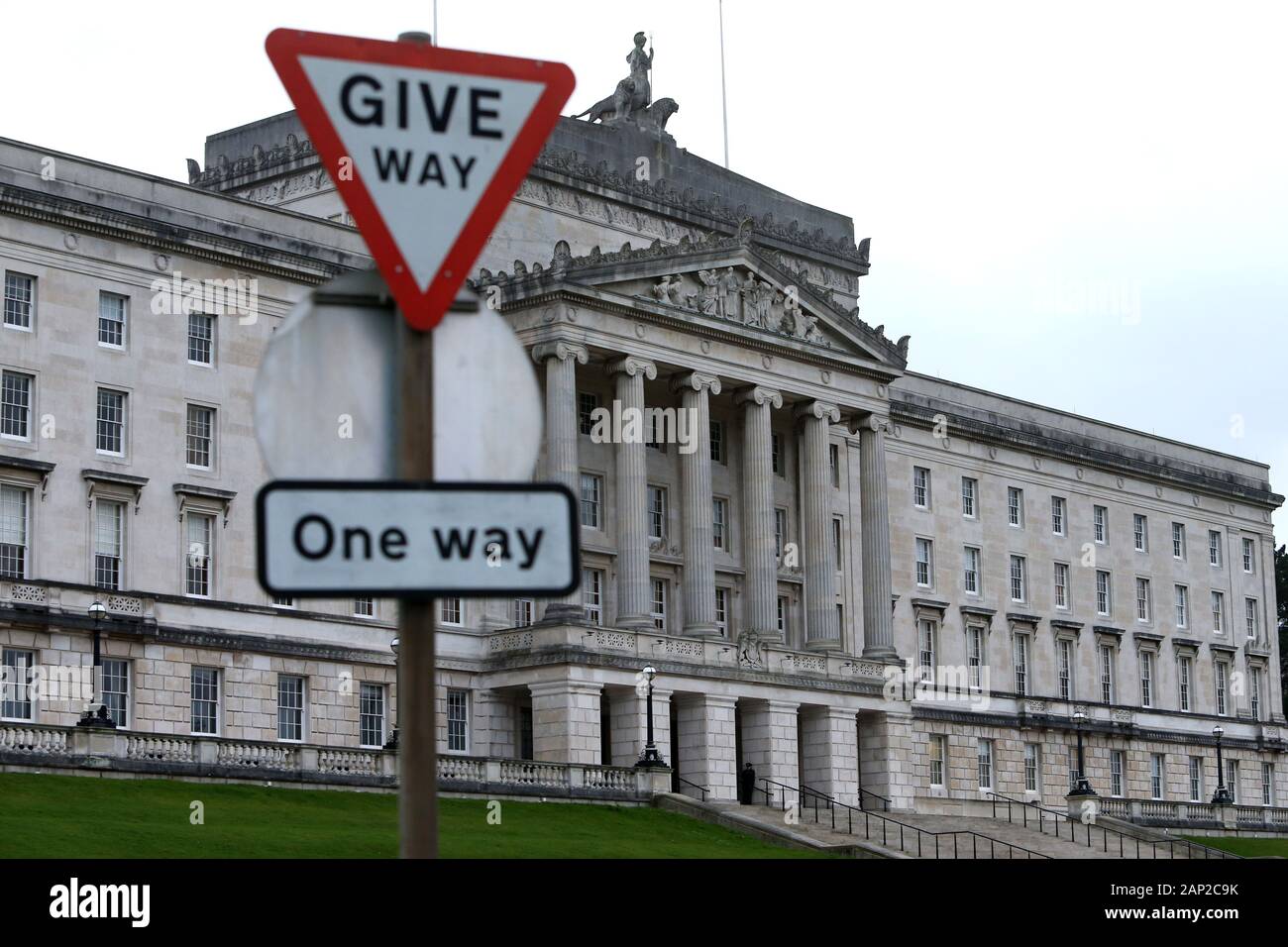 The Parliament Buildings at Stormont are pictured in Belfast on January 14, 2020. Parliament Buildings, often referred to as Stormont because of its location in the Stormont Estate area of Belfast, is the seat of the Northern Ireland Assembly, the devolved legislature for the region. The Executive or government is located at Stormont Castle. Photo/Paul McErlane (www.paulmcerlane.net) Stock Photo
