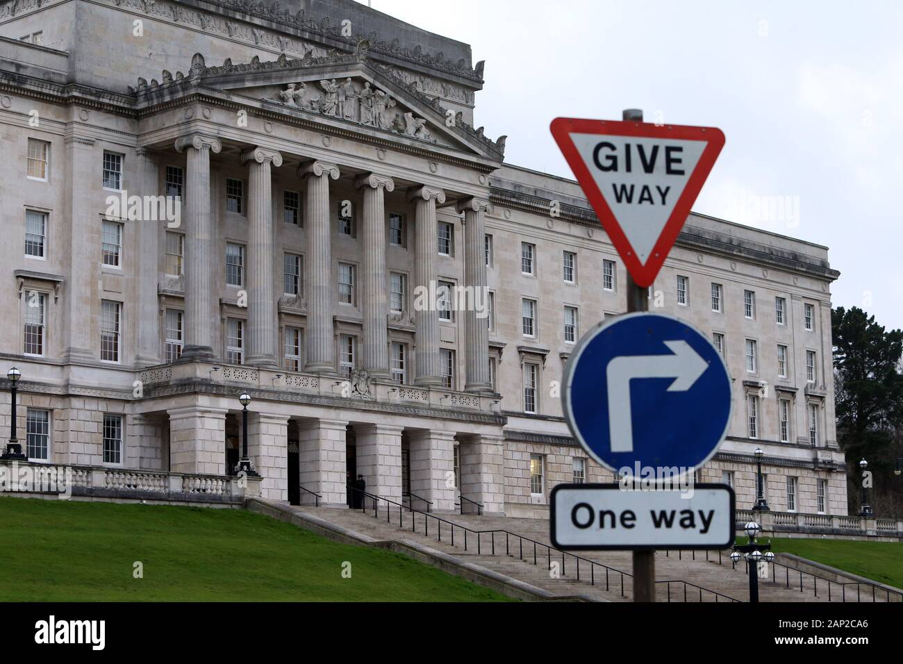The Parliament Buildings at Stormont are pictured in Belfast on January 14, 2020. Parliament Buildings, often referred to as Stormont because of its location in the Stormont Estate area of Belfast, is the seat of the Northern Ireland Assembly, the devolved legislature for the region. The Executive or government is located at Stormont Castle. Photo/Paul McErlane (www.paulmcerlane.net) Stock Photo