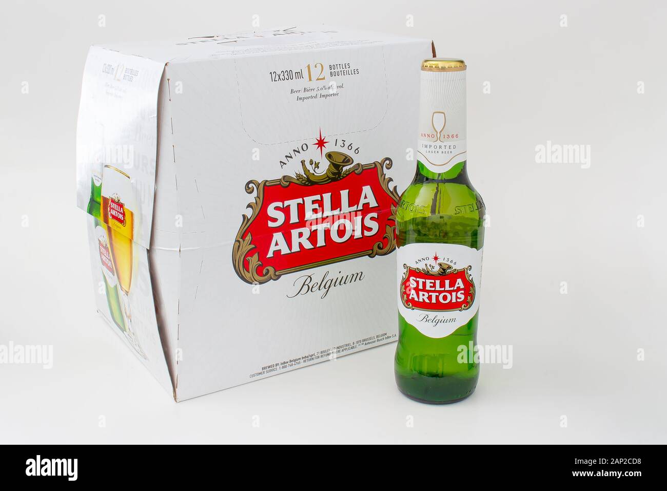A box of Stella Artois beer with a bottle on the side Stock Photo