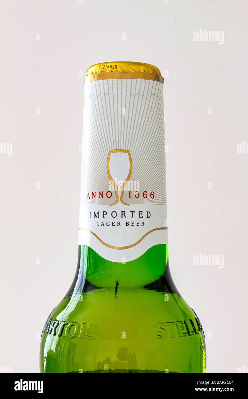 A close up of the top of a bottle of a Stella Artois beer Stock Photo