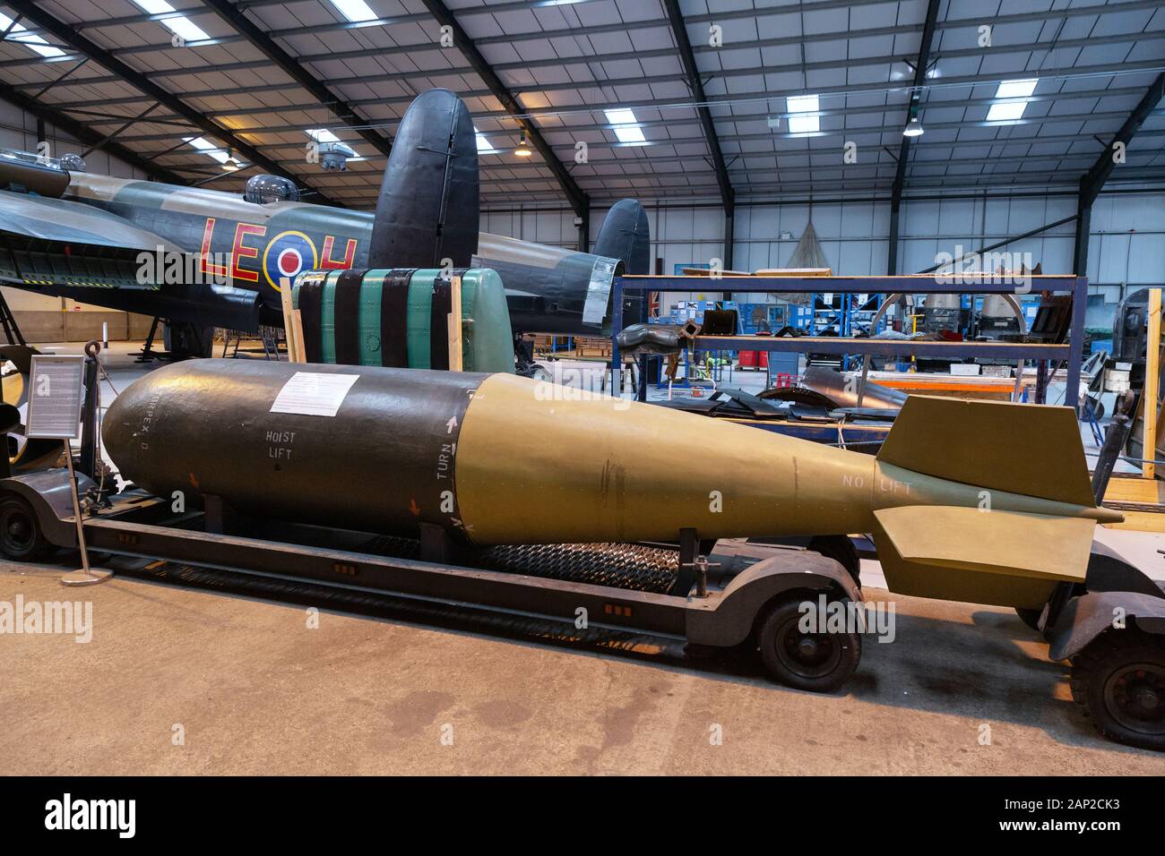 World war 2 bomb; A 12000 lb Tallboy bomb carried by Lancaster bombers, in the Lincolnshire Aviation Heritage Centre, East Kirkby Lincolnshire UK Stock Photo