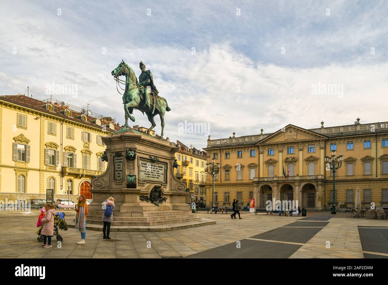 View of Piazza Giambattista Bodoni with the Monument to Alfonso Lamarmora and the façade of Giuseppe Verdi Conservatory, Turin, Piedmont, Italy Stock Photo