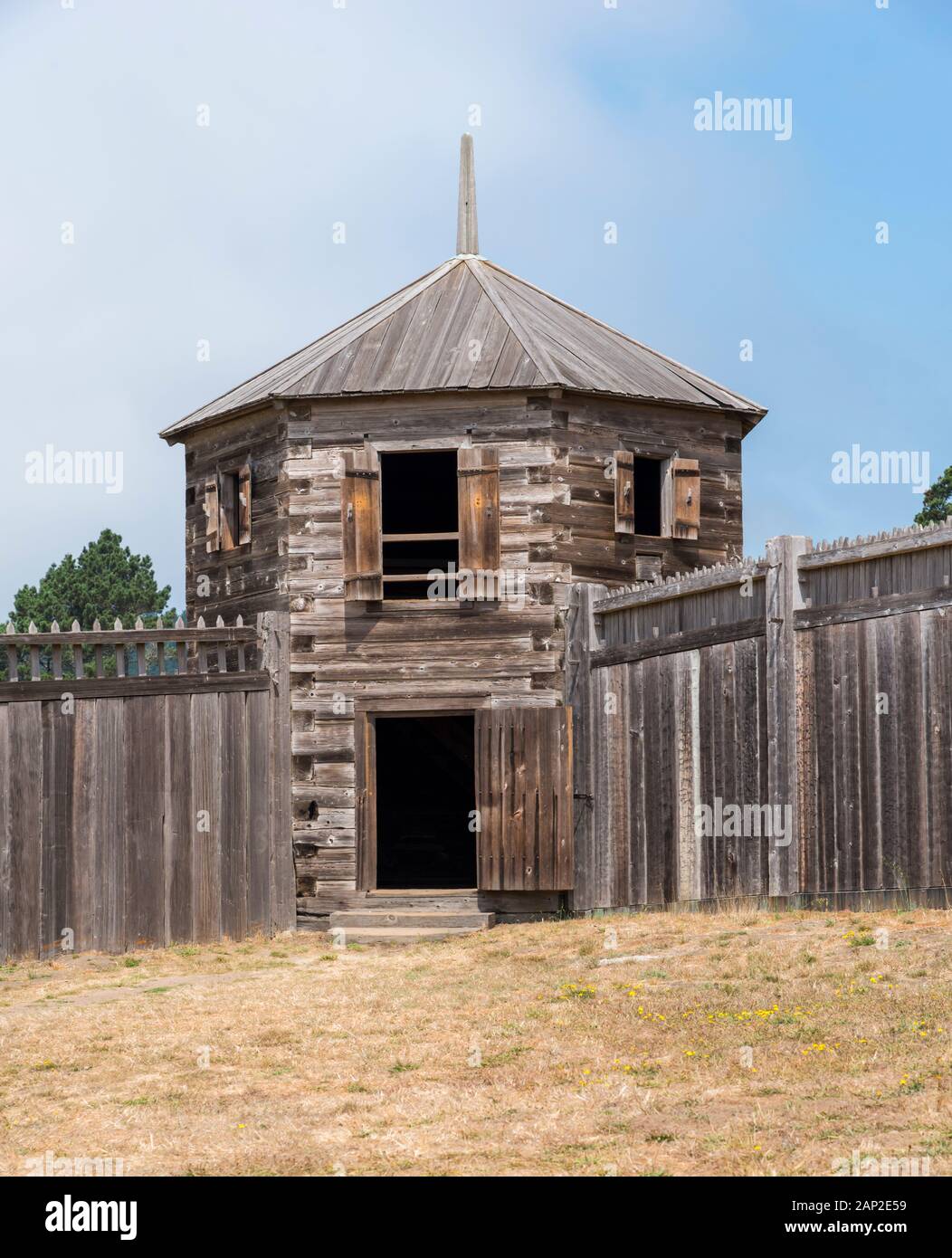 Wood wall and structures of Fort Ross State Historic Park on the Sonoma County coast of California Stock Photo