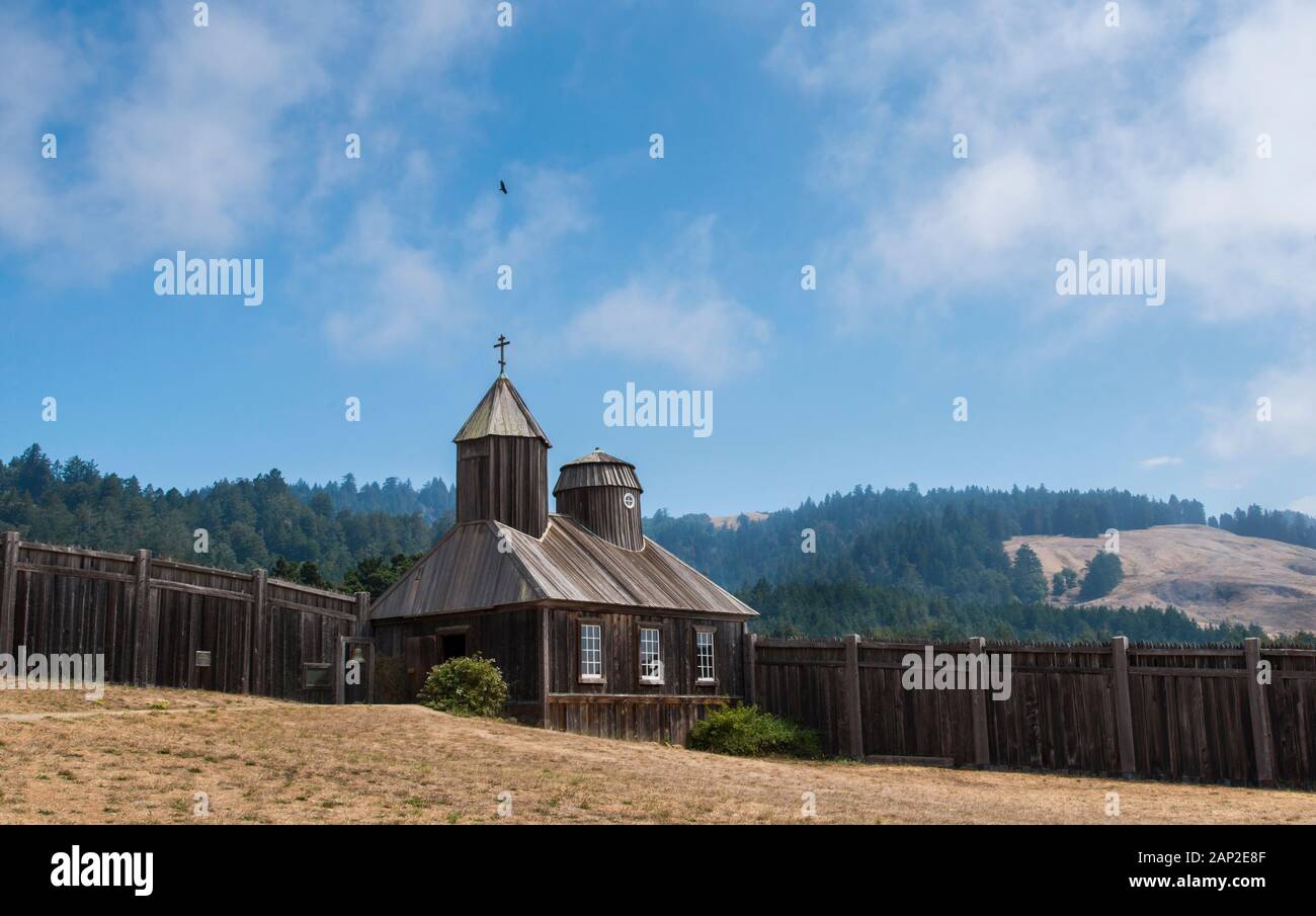 Exterior view of the Russian Orthodox church at Fort Ross State Historic Park on the Sonoma County coast of California Stock Photo