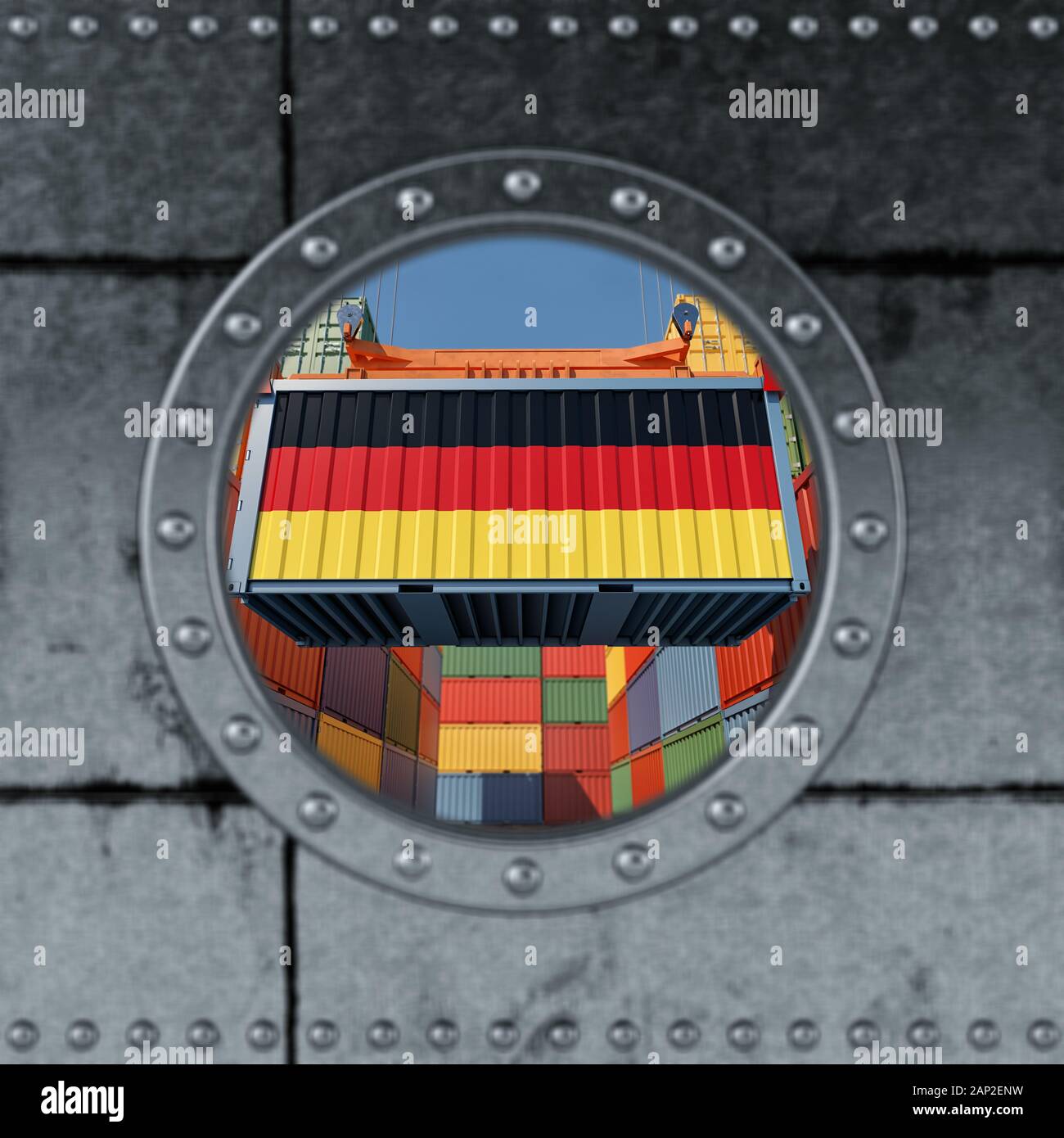 Looking through a ship Porthole. Container with German flag being