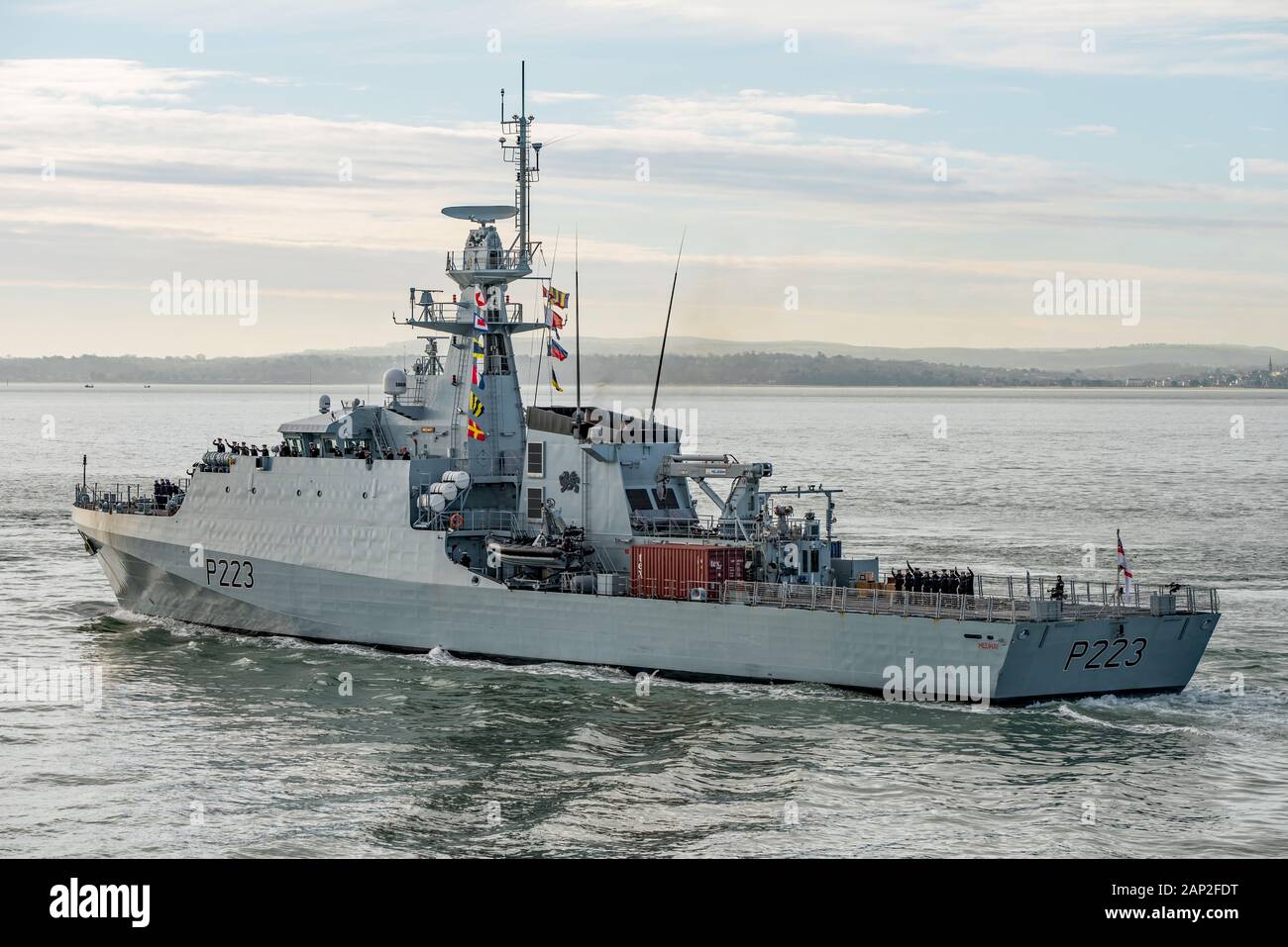 The Royal Navy Batch Ii River Class Offshore Patrol Vessel Hms Medway P223 Acknowledges Waving Family And Friends On The Round Tower As It Leaves Portsmouth Uk On The th January