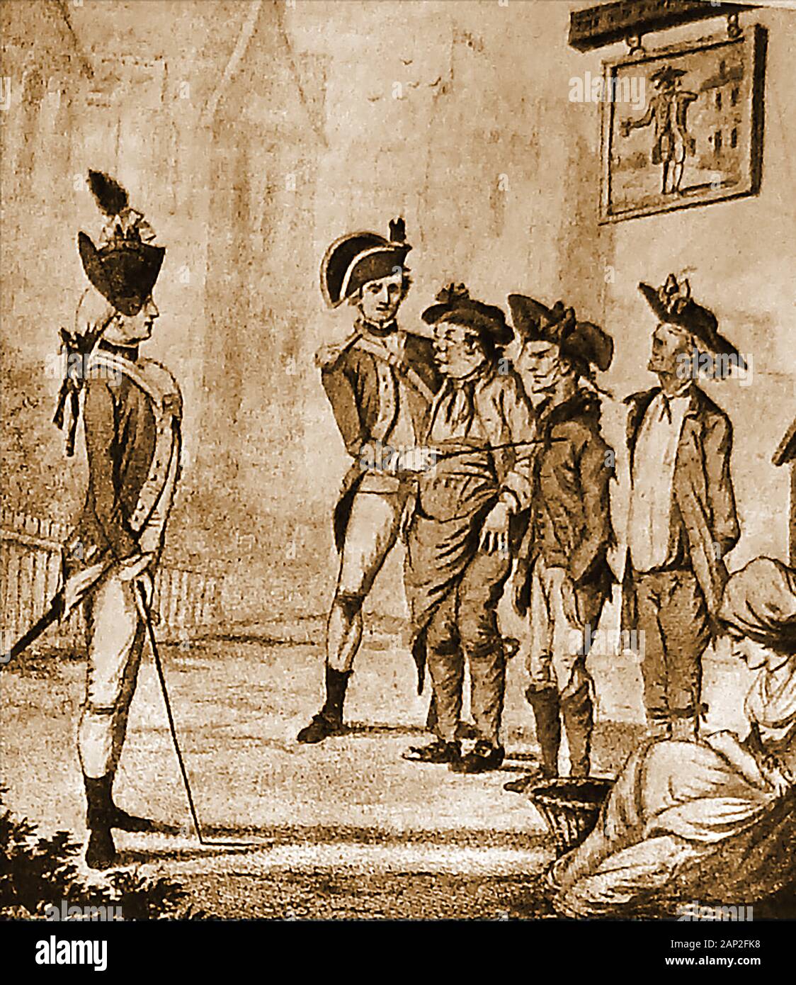 An 18th century scene showing new army recruits on parade in England. The British Army commenced with the unification of the Kingdoms of England and Scotland as  the Kingdom of Great Britain in 1707. Following the Recruiting Act 1778 and the Recruiting Act 1779, men could be impressed against their will, though mercenaries made up much of the armed forces. In addition men were also  released  from prison on the condition they joined the army . Irishmen and foreign nationals also joined the British army. Stock Photo