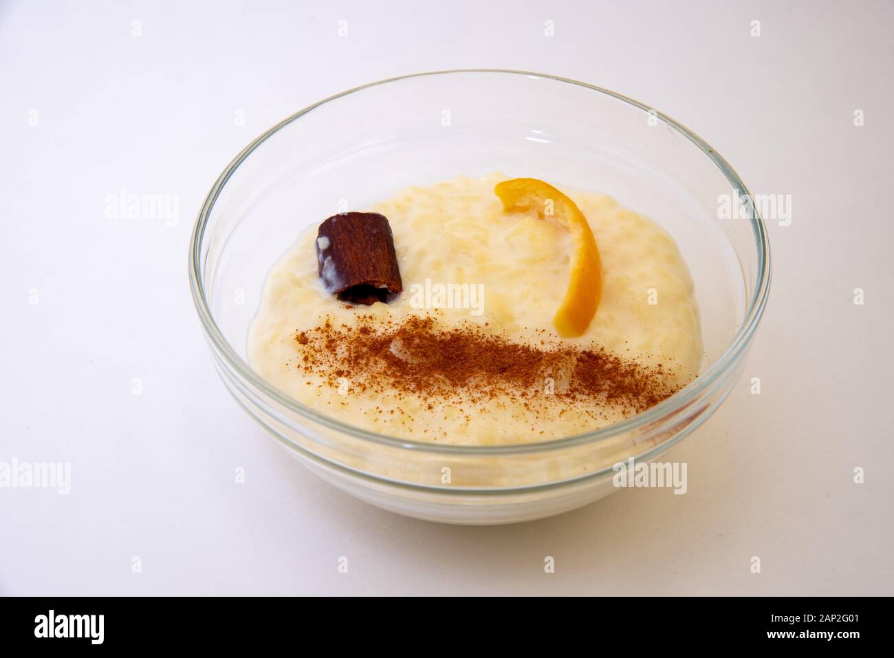 Rice pudding, typical dessert in Spain over a white background Stock ...