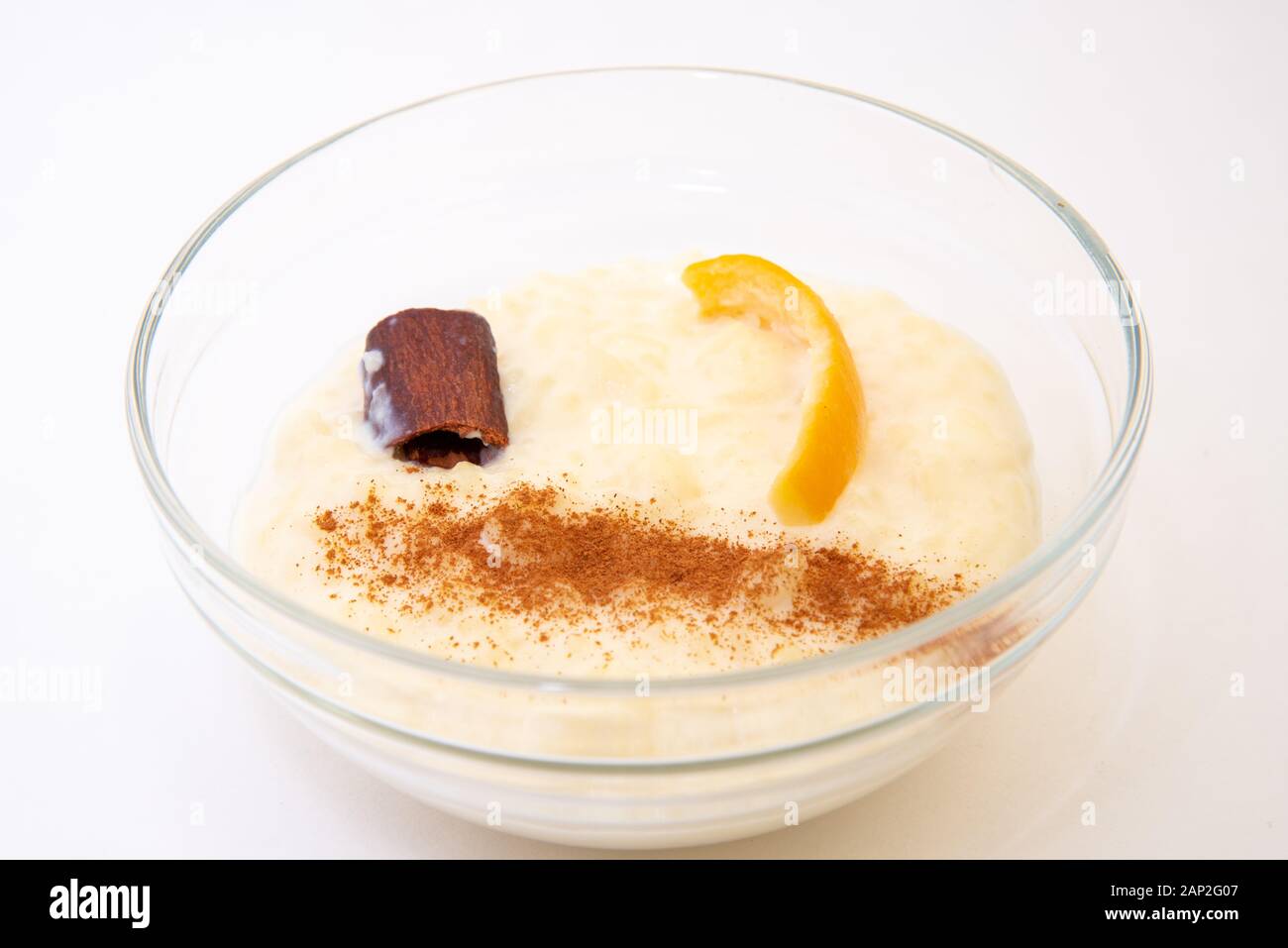 Rice pudding, typical dessert in Spain over a white background Stock ...