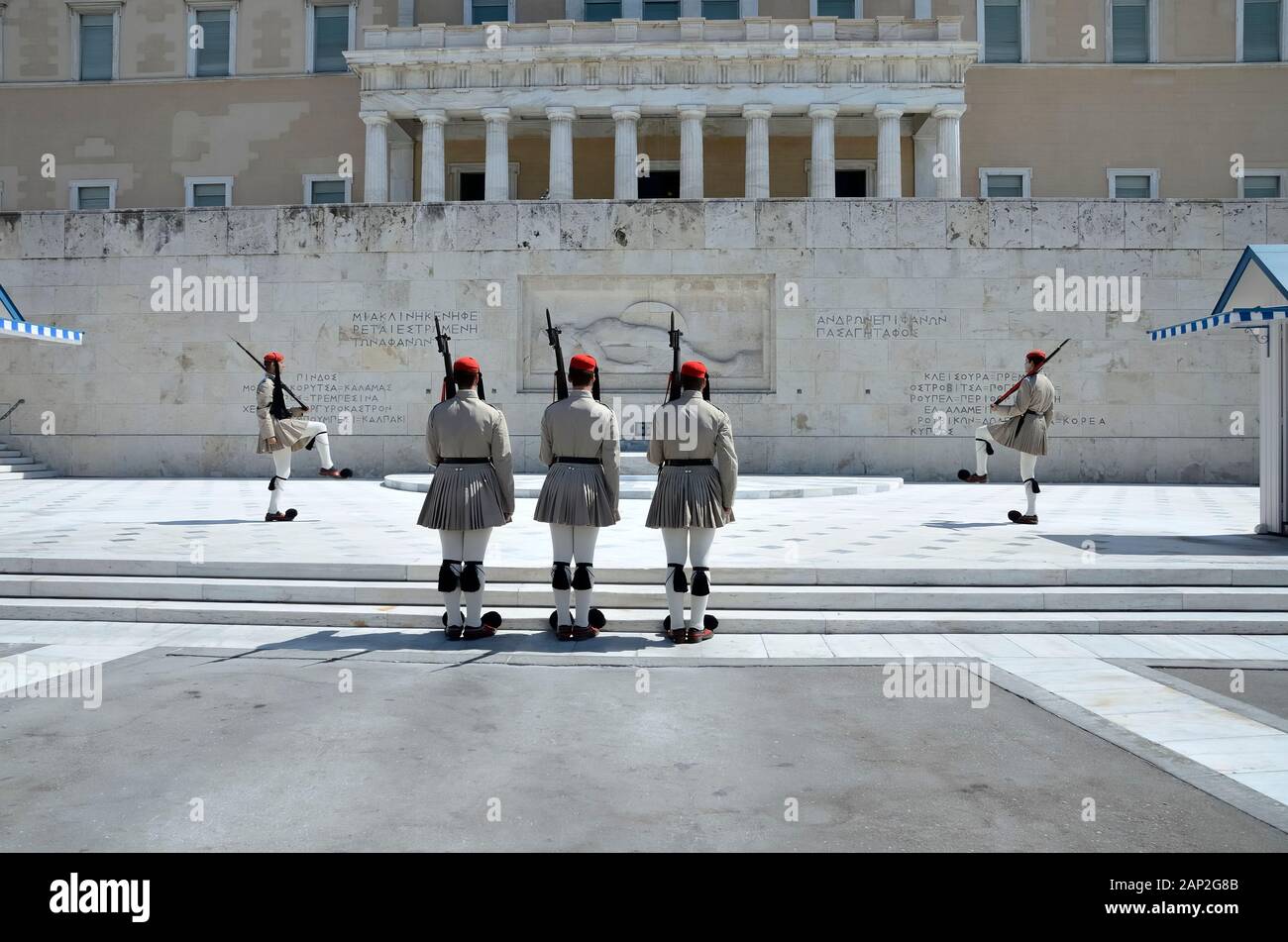 123/5000 euzoni selected Greek infantry soldiers during the changing of the guard in front of the presidential palace in Syntagma square Athens Greece Stock Photo