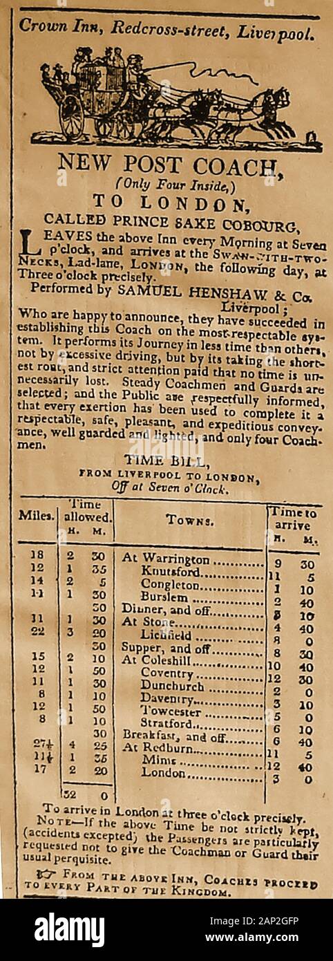 British Coaching Poster 1817 (Advert from the Liverpool Mercury) - The Daily new Post Coach 'Prince Saxe Cobourg ran from the Crown Inn Redcross street, Liverpool to the Swan with two Necks Inn, Lad Lane, London Stock Photo