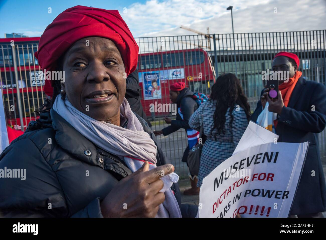 London, UK. 20th January 2020. Ugandans protest against President Yoweri Museveni at the UK-Africa Investment Summit in North Greenwich. Museveni has been in office since 1986, overturning the constitution allowing only two terms in office and has pushed through an act removing the age cap and increasing the term of office from 5 to 7 years for next year's elections. This has led to widespread protests inside his own party and by the opposition. The country suffers from high levels of corruption, unemployment and poverty. Peter Marshall/Alamy Live News Stock Photo