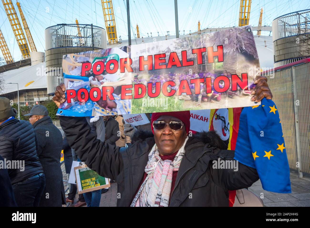 London, UK. 20th January 2020. Ugandans protest against President Yoweri Museveni at the UK-Africa Investment Summit in North Greenwich. Museveni has been in office since 1986, overturning the constitution allowing only two terms in office and has pushed through an act removing the age cap and increasing the term of office from 5 to 7 years for next year's elections. This has led to widespread protests inside his own party and by the opposition. The country suffers from high levels of corruption, unemployment and poverty. Peter Marshall/Alamy Live News Stock Photo