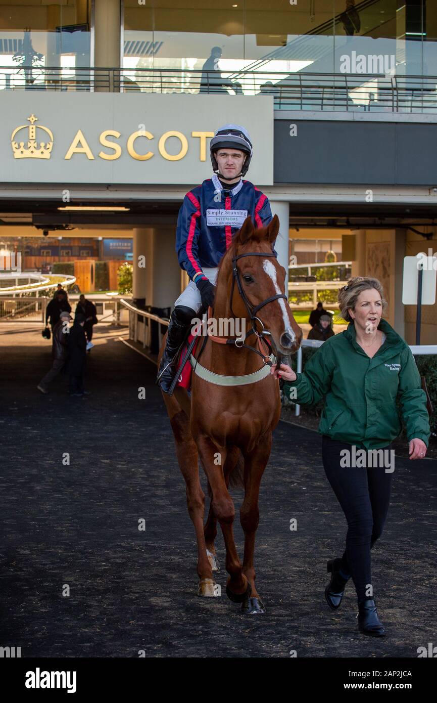 Ascot, Berkshire, UK. 18th Jan, 2020. Ascot, Berkshire, UK. 18th Jan, 2020. Jockey James Nixon races on horse Song for Someone in the The Matchbook Holloway’s Handicap Hurdle Race (Class 1). Owner Sir Peter & Lady Gibbings, Trainer Tom Symonds, Hentland, Breeder J Bervoets, Sponsor Simply Stunning Interiors. Credit: Maureen McLean/Alamy Stock Photo
