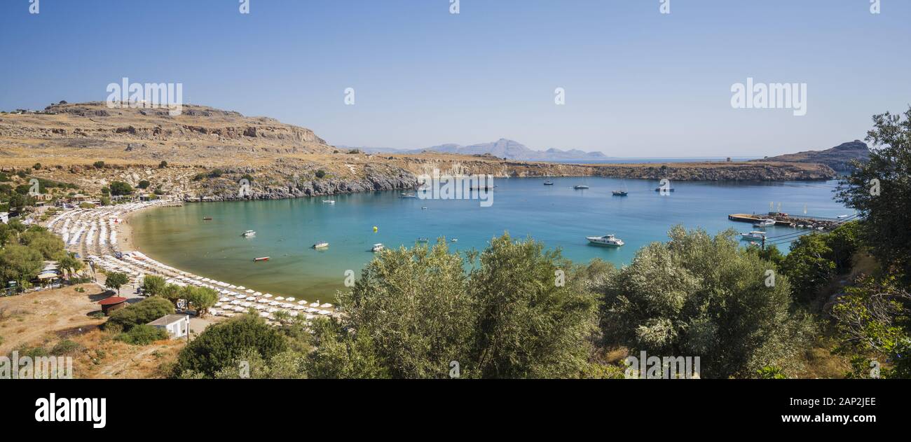 Vliha Bay and Beach of Lindos, overview of  from the Acropolis. Lindos, Rhodes, Greece Stock Photo