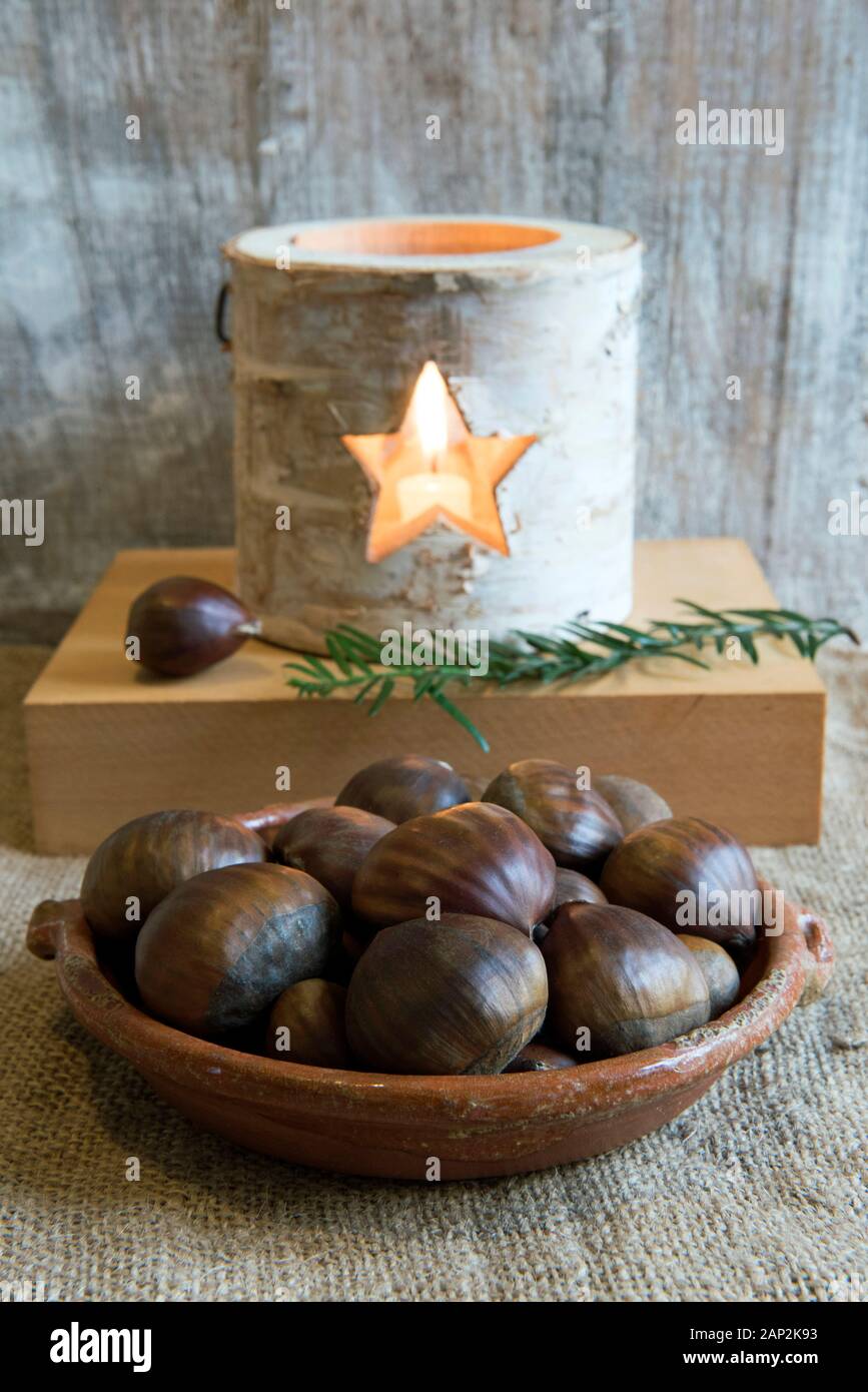 Castanea sativa - Sweet Chestnuts in dish in front of a Christmas Birch Bark Lantern with yew leaf against wooden background. December. Stock Photo