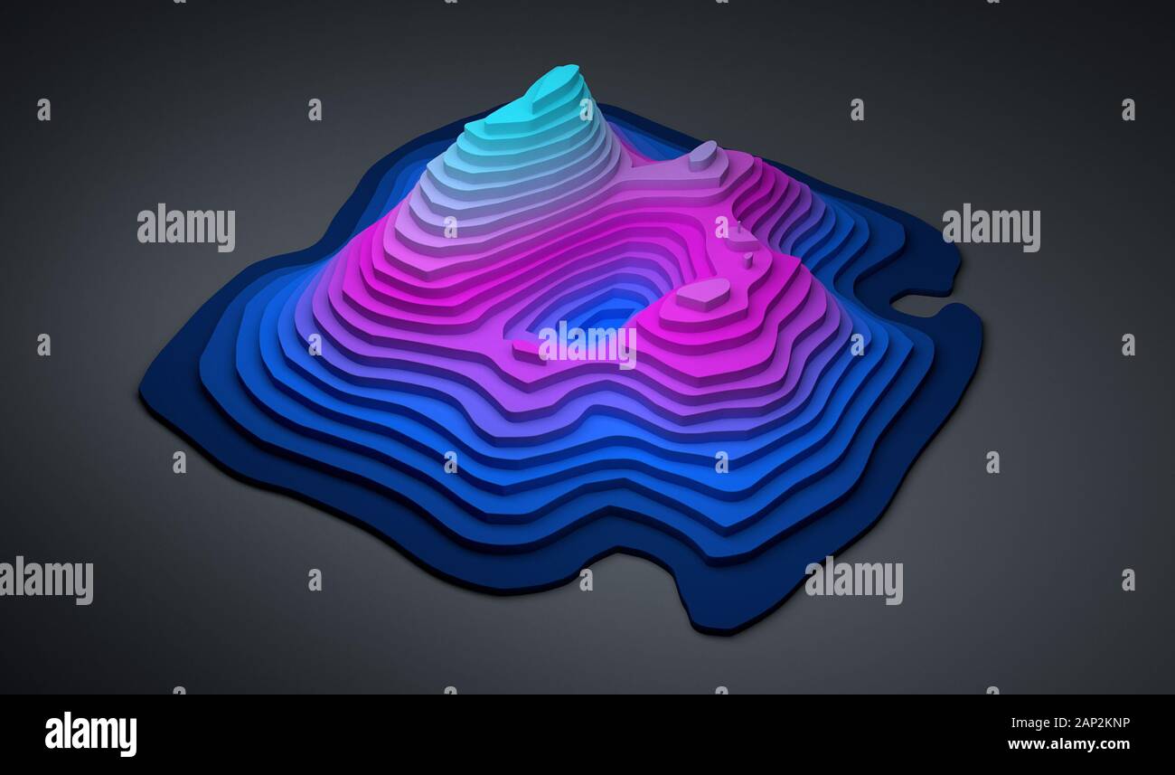 3d illustration abstract closeup of colorful topographic map with blue and magenta cartography