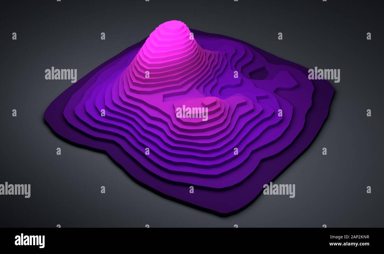 3d illustration abstract closeup of colorful topographic map with violet and magenta cartography gradients on grey background Stock Photo