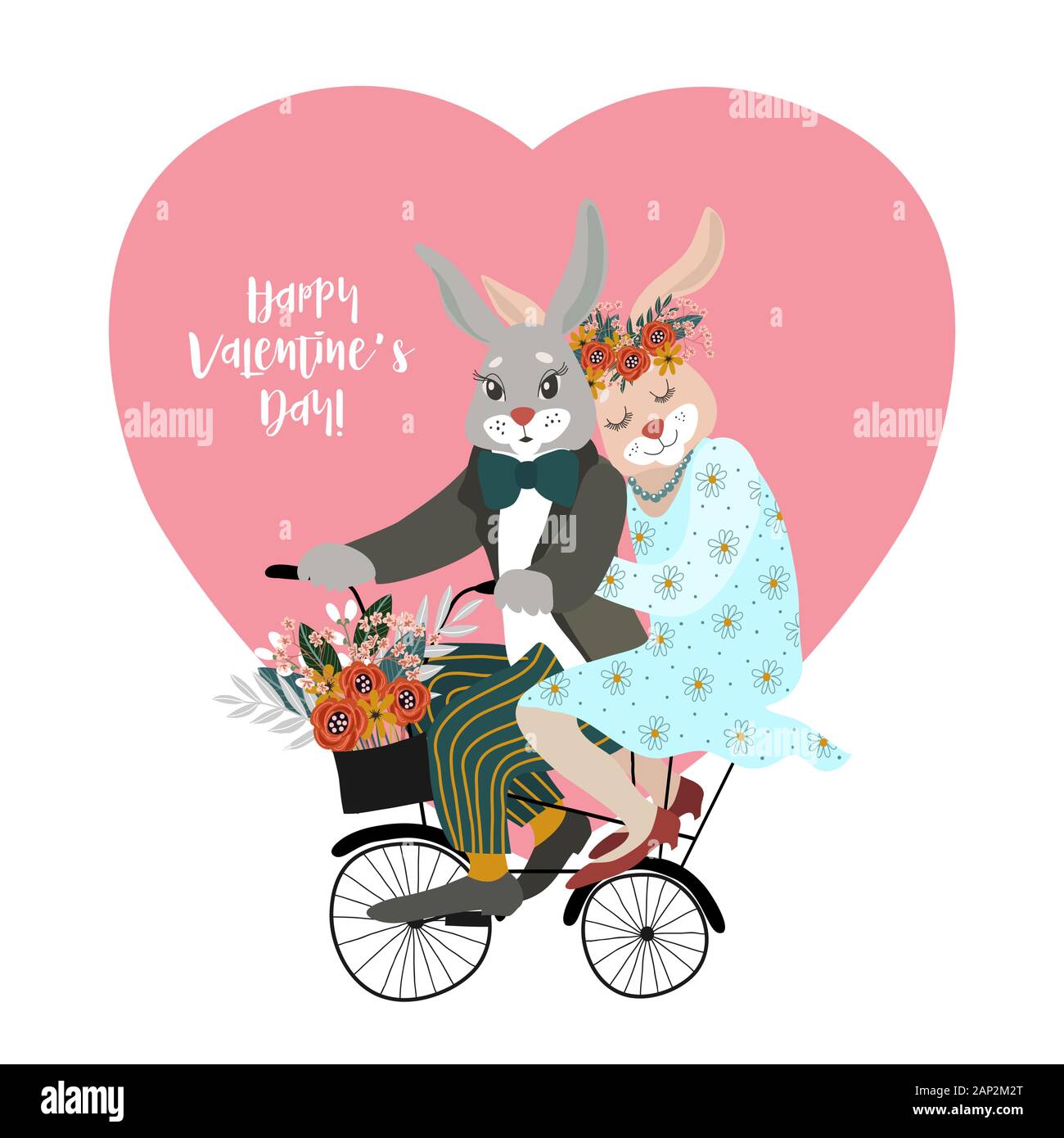 A couple of rabbits in love on a bicycle with a bouquet of flowers against the background of a big heart isolated on a white. Cute vector valentines Stock Vector