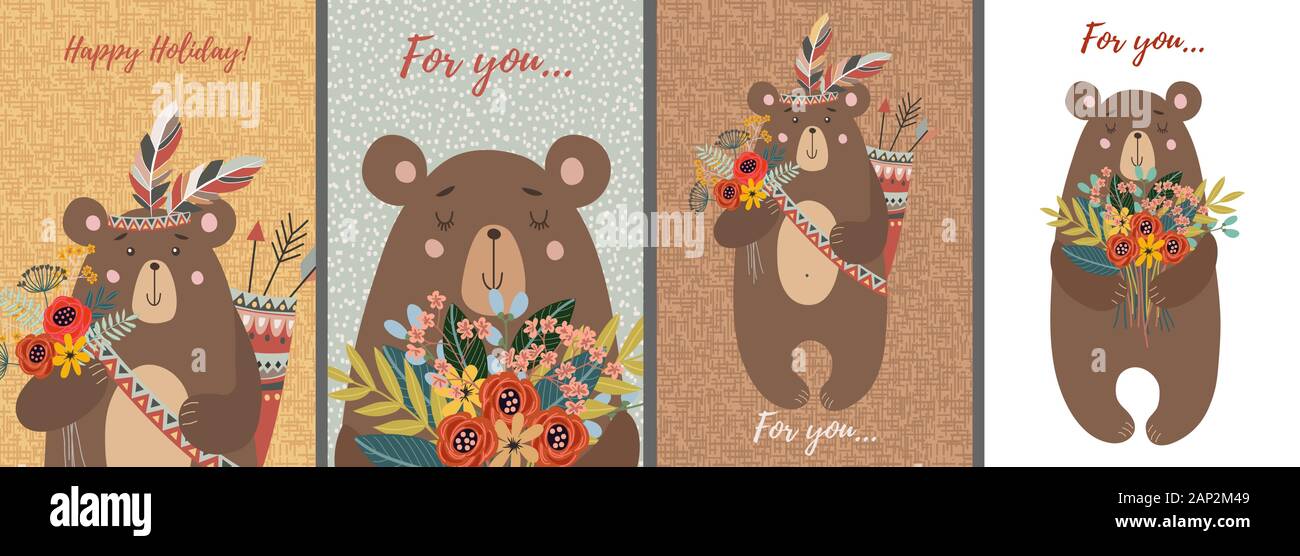 Set of cards with Hand drawn cute bears. Childish vector Stock Vector