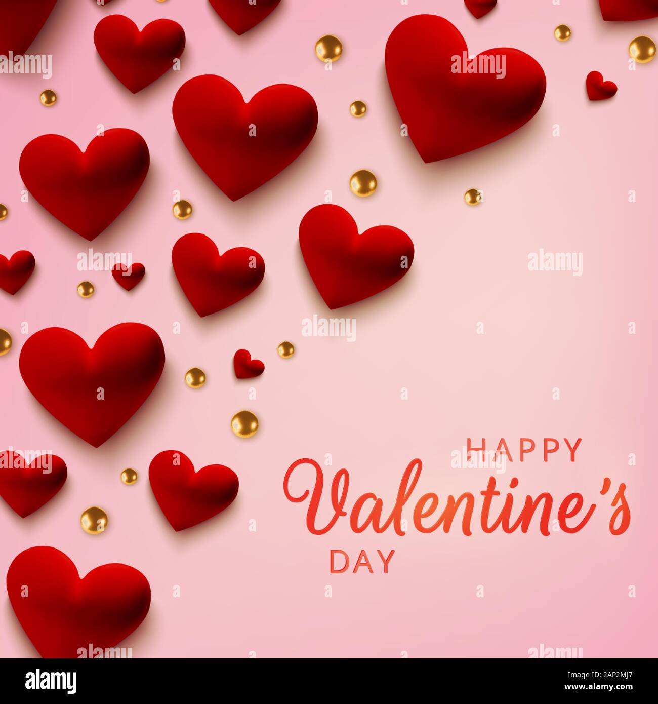 Happy Valentines Day greeting card. Realistic red 3d hearts on pink ...