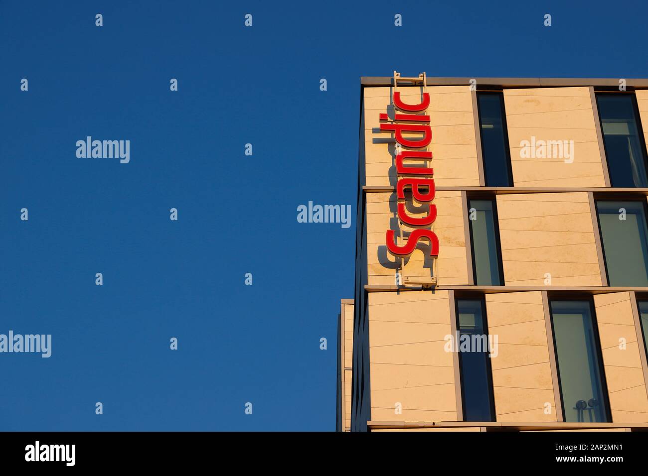 Stockholm, Sweden - January 19, 2020: View of the Scandic Hotels logo at the Continental hotel. Stock Photo