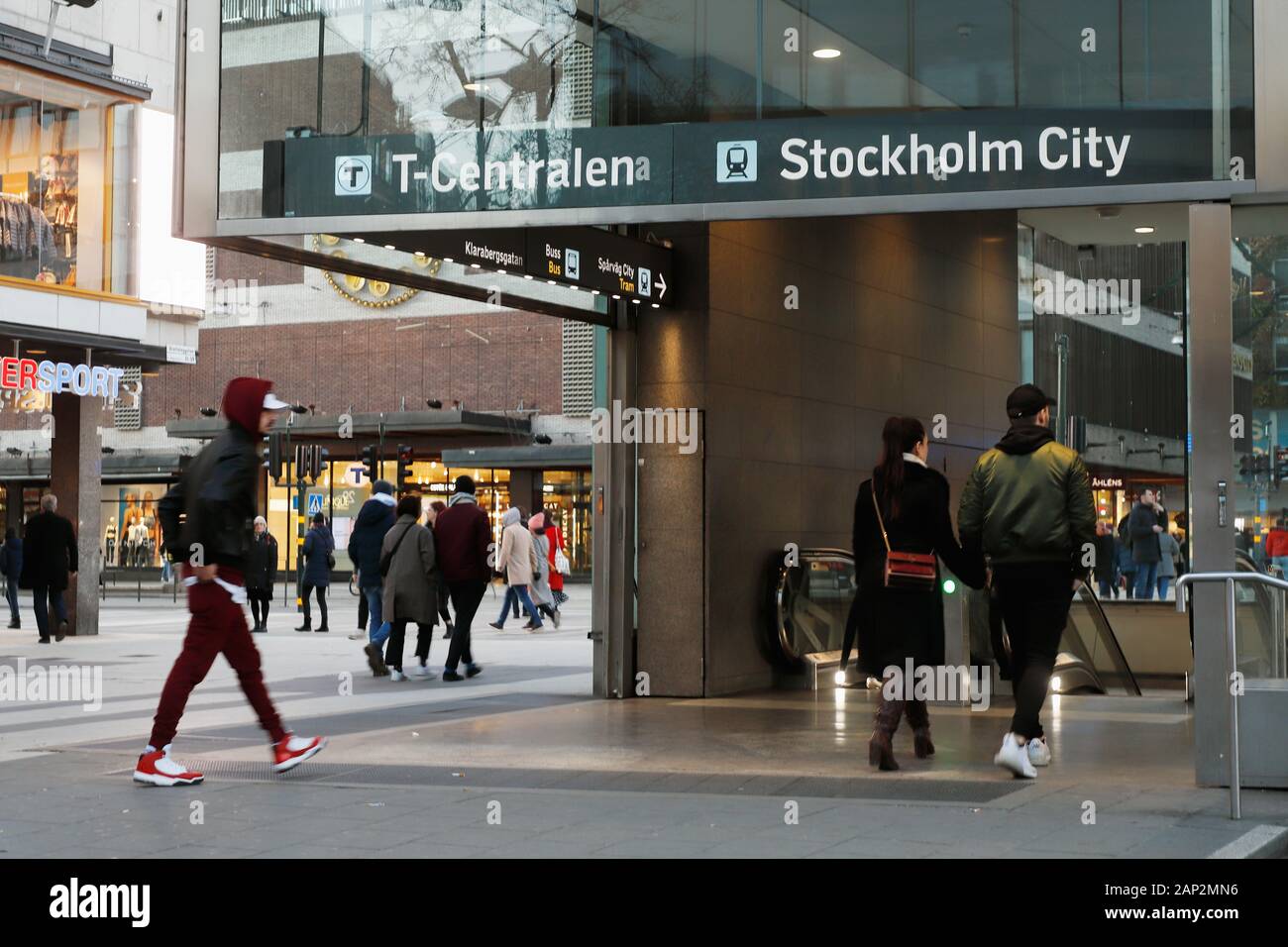 Stockholm, Sweden - January 19, 2020: The entrance at the Sergelstorg square to the Stockholm City railroad station and the T-Centralen metro station. Stock Photo