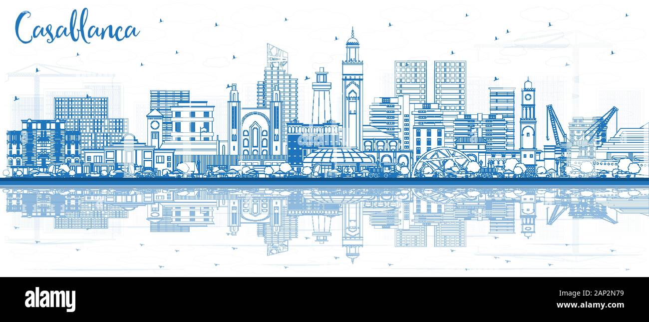 Outline Casablanca Morocco City Skyline with Blue Buildings and Reflections. Vector Illustration. Business Travel and Concept. Stock Vector