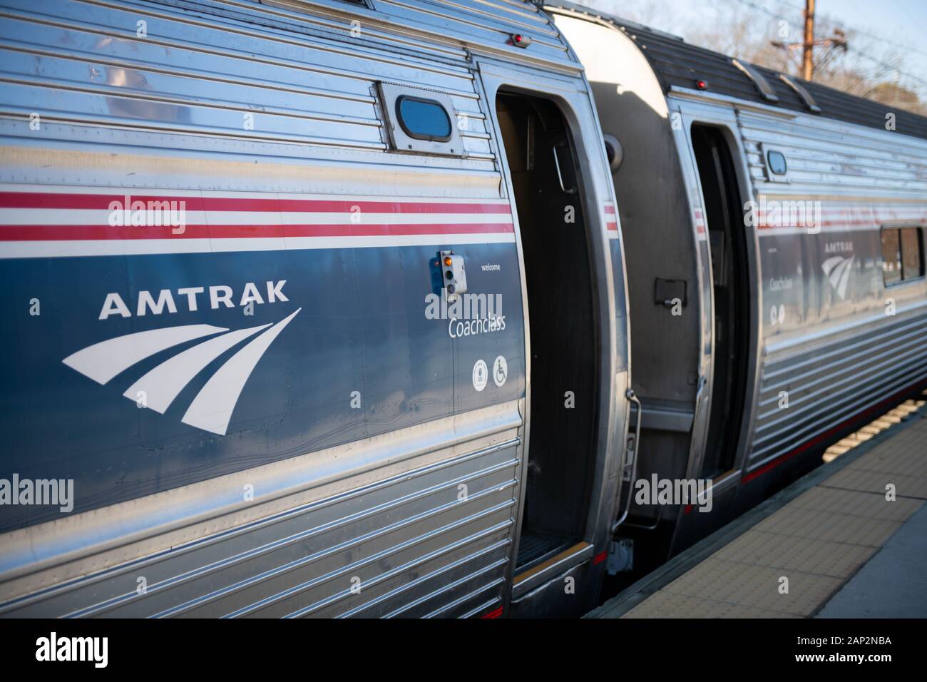 An Amtrak logo as seen on a train stopped at the Baltimore Washington