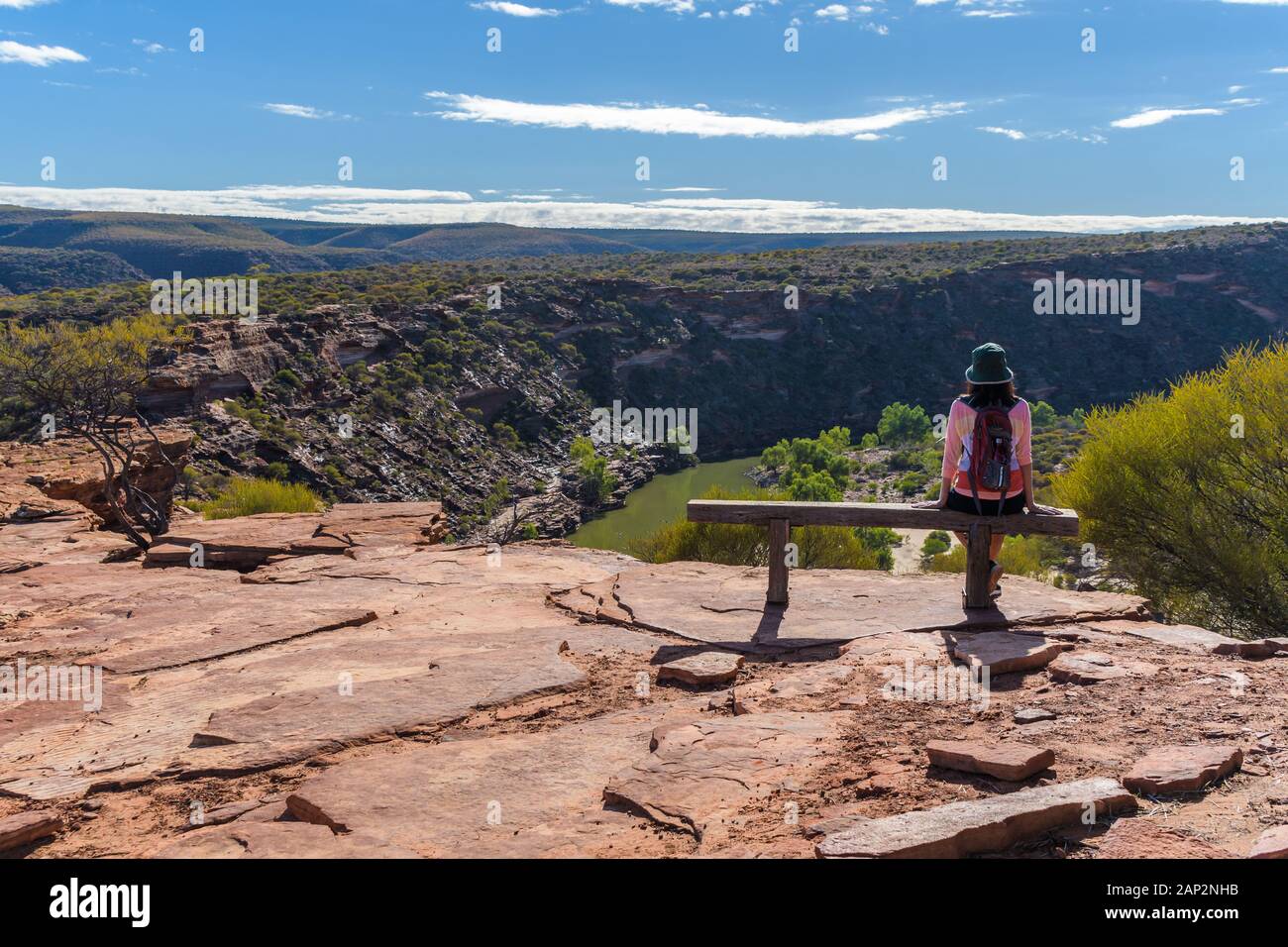 Day-pack hiker starting the Loop walk at Nature's Window in Kalbari National Park Western Australia. Stock Photo