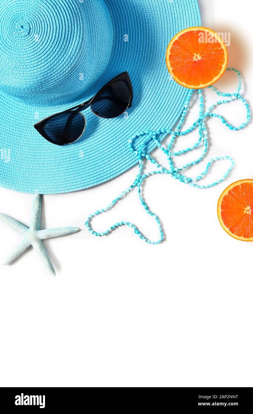 Tropical Summer Beach Background. Sunglasses, hat with starfish and ...