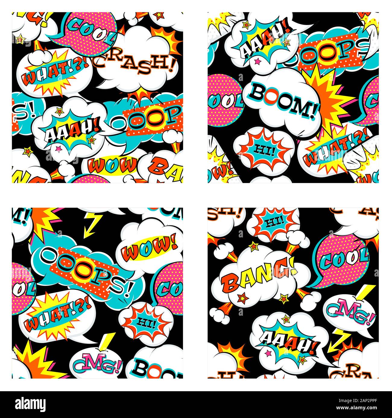 Set of seamless patterns with comic speech bubble, explosions and clouds with inscription: boom, wow, crash, cool. Endless texture can be used for pat Stock Vector